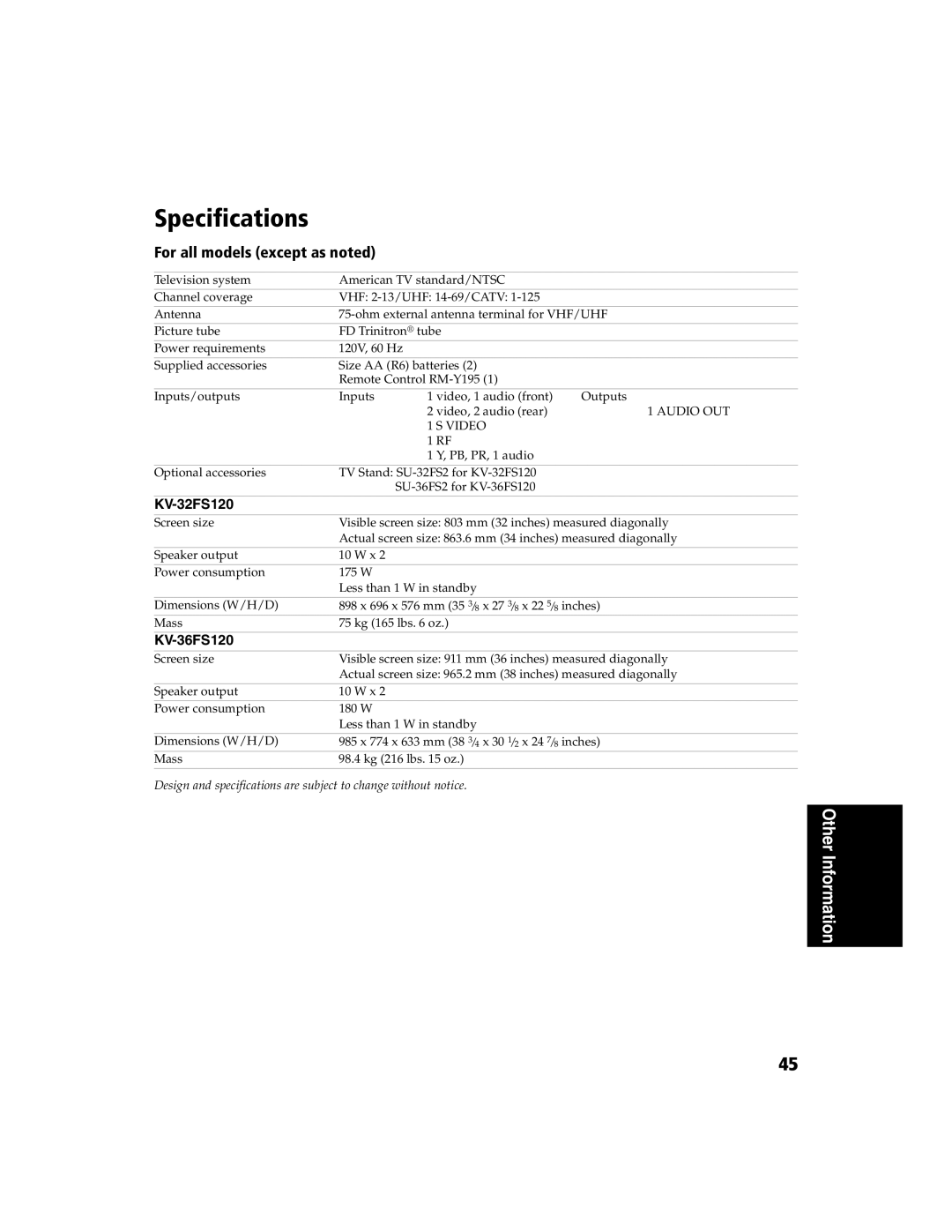 Sony KV-32FS120 manual Specifications, For all models except as noted 