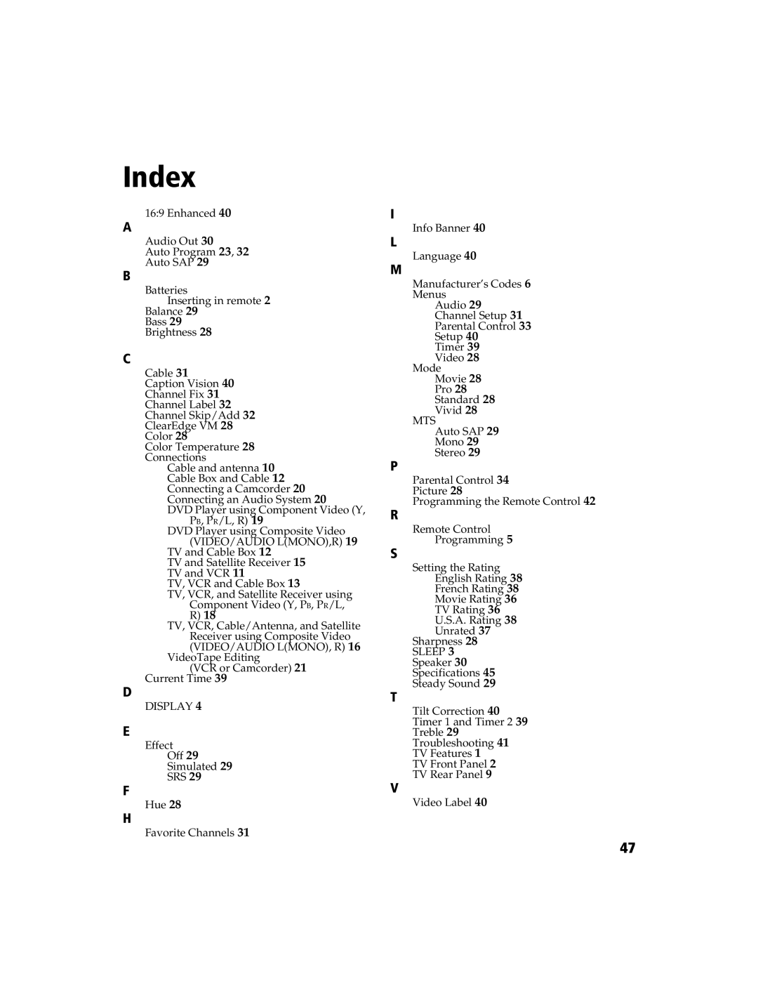 Sony KV-32FS120 manual Index, Display 