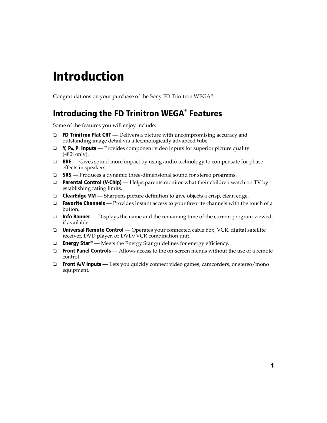 Sony KV-32FS120 manual Introduction, Introducing the FD Trinitron Wega Features 