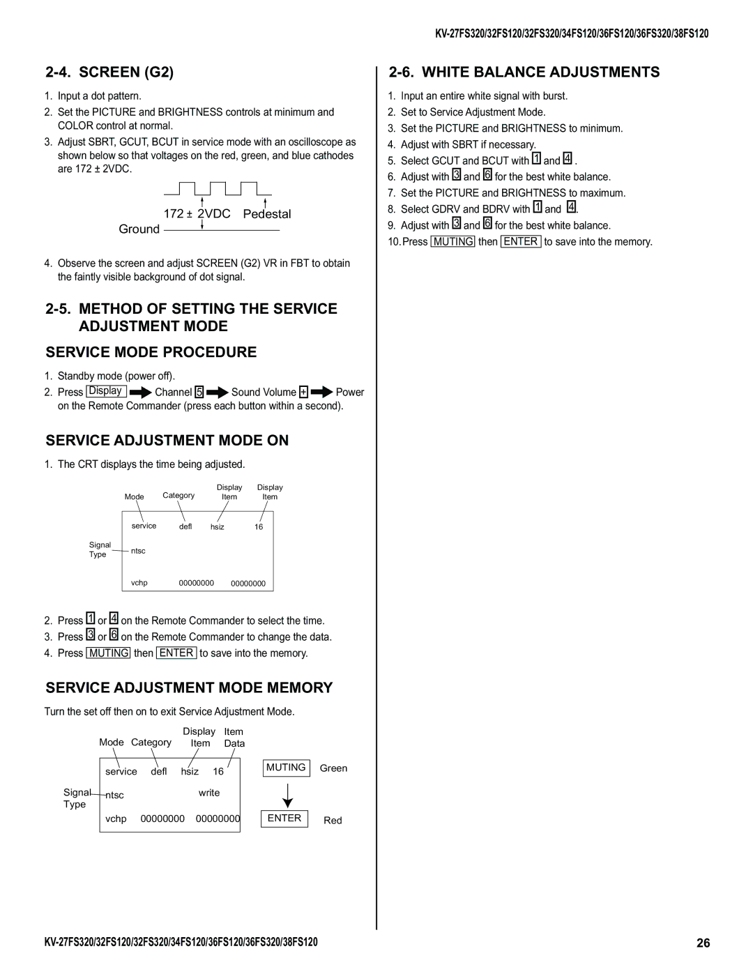Sony KV-32FS320, KV-27FS320 Service Adjustment Mode on, Service Adjustment Mode Memory, White Balance Adjustments 