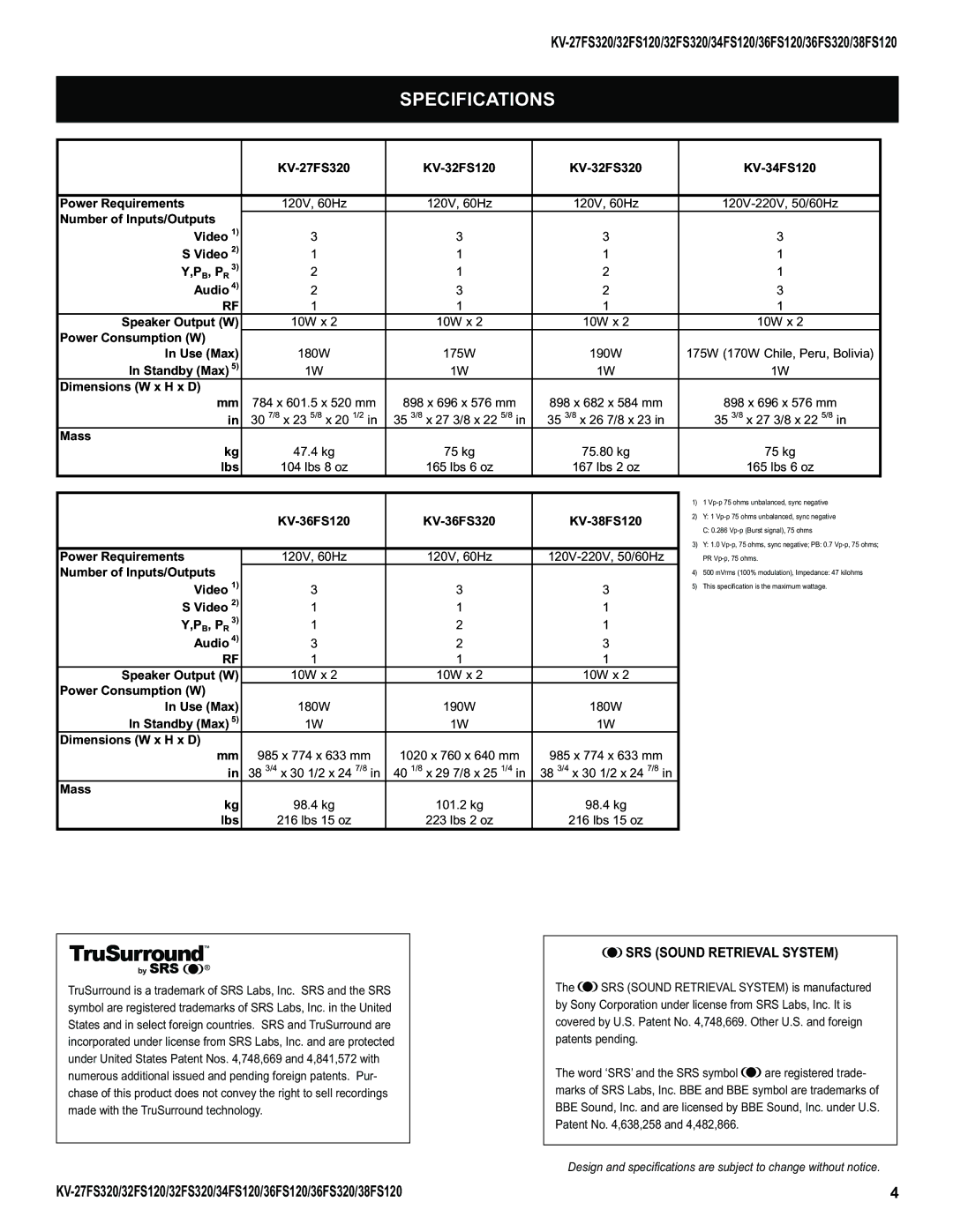 Sony KV-34FS120, KV-32FS320, KV-27FS320, KV-36FS320, KV-38FS120 service manual Specifications, SRS Sound Retrieval System 