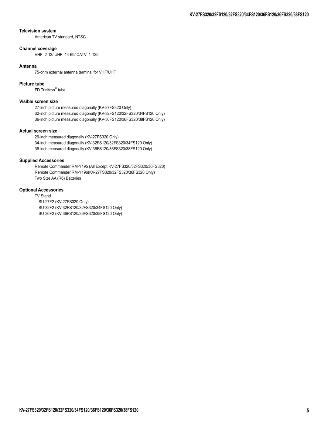 Sony KV-38FS120, KV-32FS320, KV-27FS320, KV-36FS320, KV-34FS120 service manual Television system 