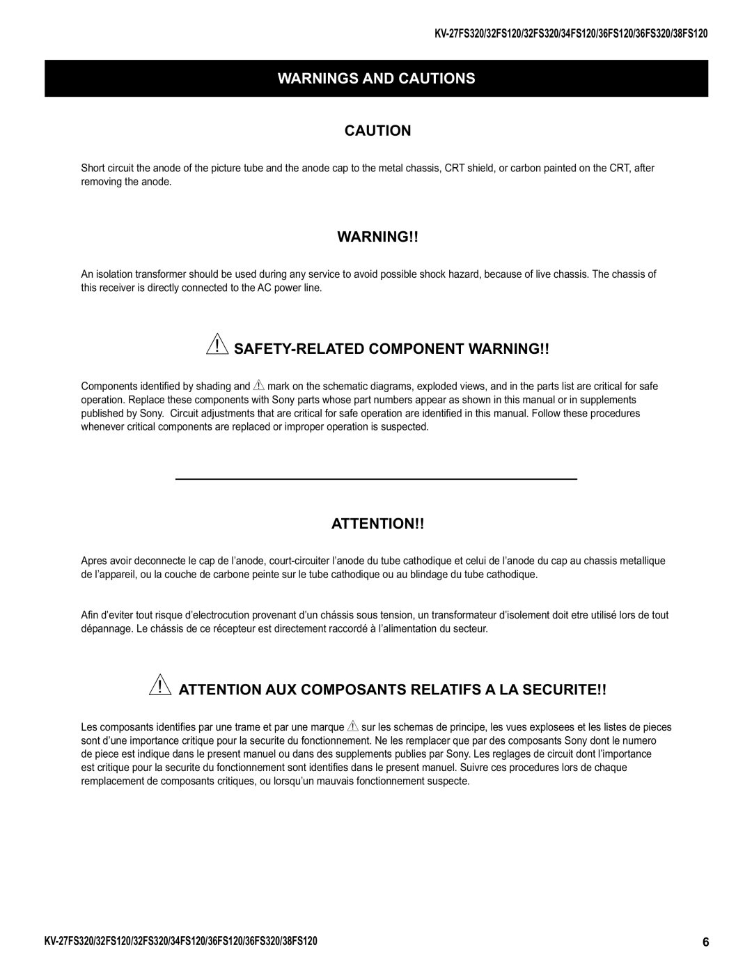 Sony KV-32FS320, KV-27FS320, KV-36FS320, KV-34FS120, KV-38FS120 service manual SAFETY-RELATED Component Warning 