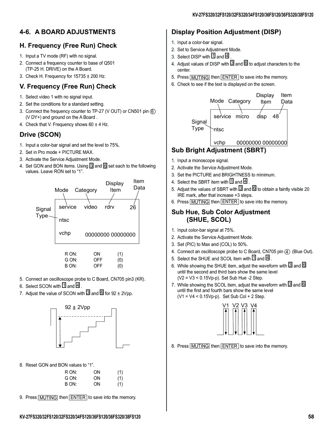 Sony KV-36FS320, KV-32FS320, KV-27FS320, KV-34FS120, KV-38FS120 service manual Board Adjustments, Frequency Free Run Check 