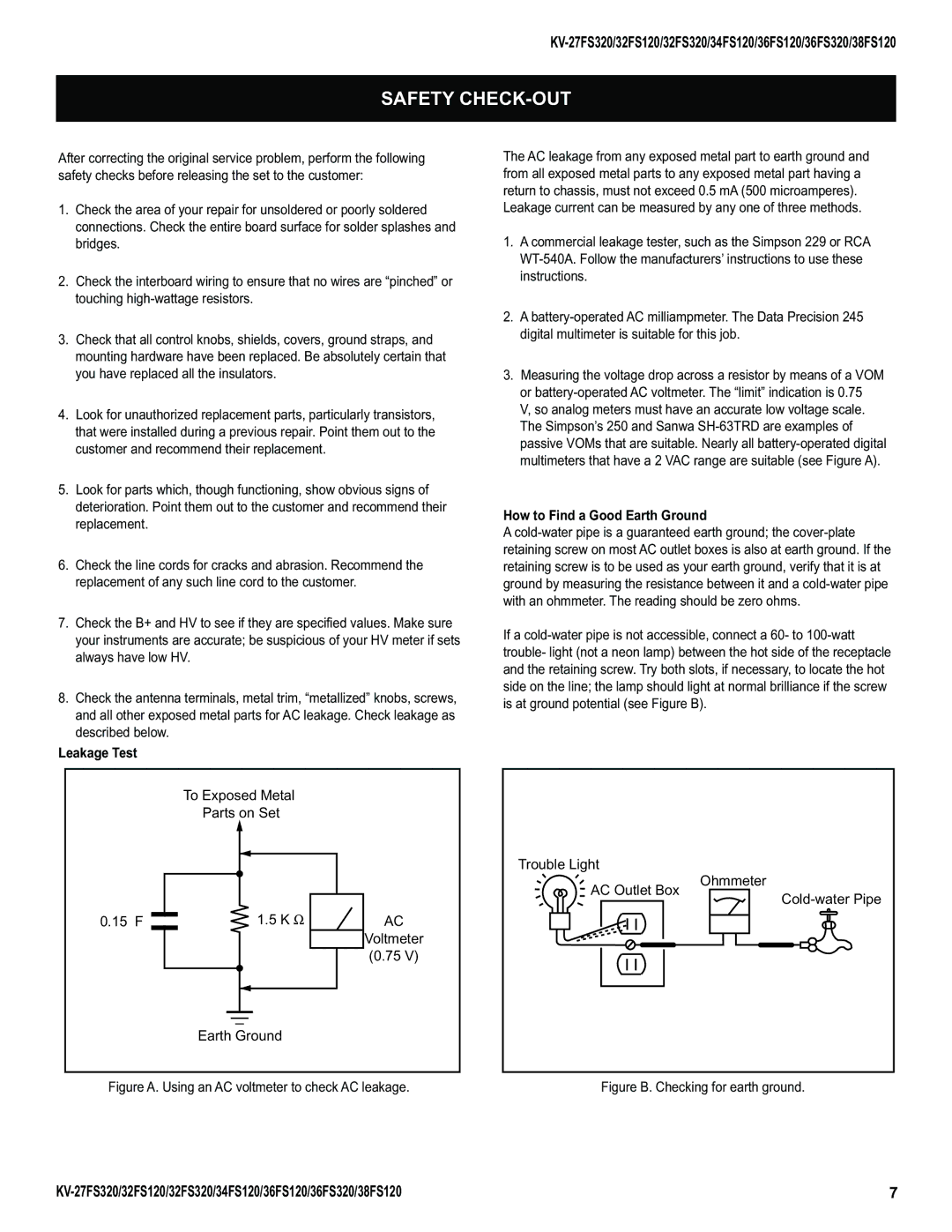 Sony KV-27FS320, KV-32FS320, KV-36FS320, KV-34FS120, KV-38FS120 service manual Safety CHECK-OUT, Leakage Test 