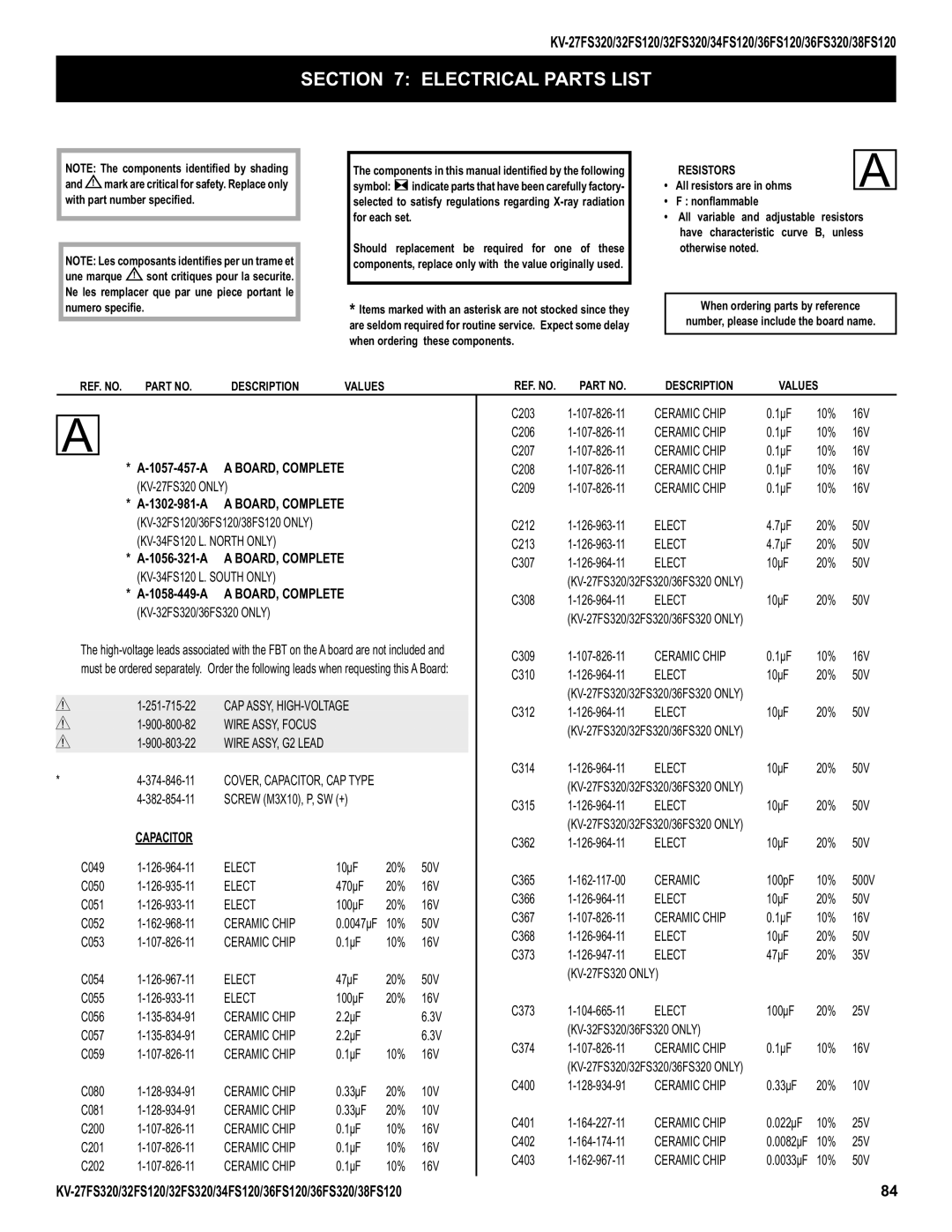 Sony KV-38FS120, KV-32FS320, KV-27FS320, KV-36FS320, KV-34FS120 service manual Electrical Parts List, Capacitor 