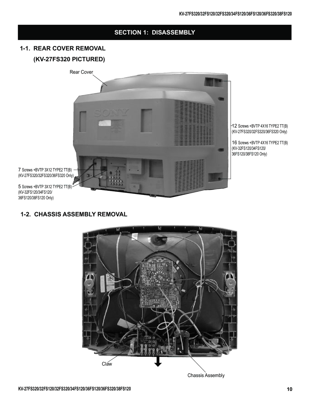 Sony KV-38FS120, KV-32FS320, KV-36FS320 Disassembly, Rear Cover Removal KV-27FS320 Pictured, Chassis Assembly Removal 