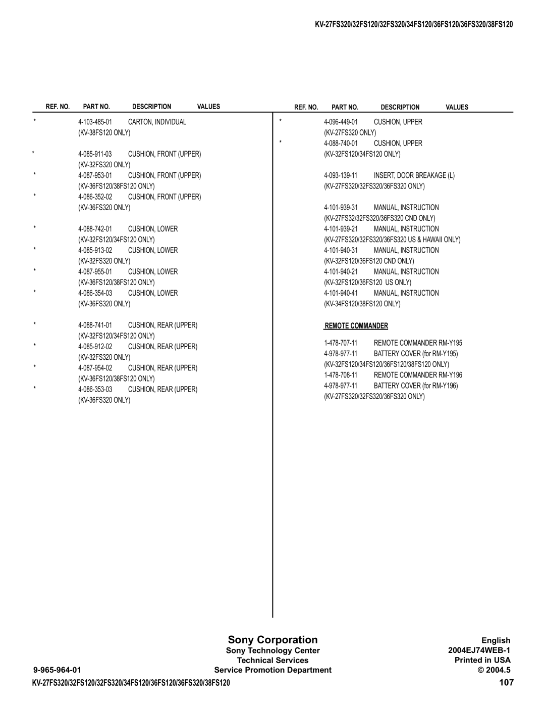 Sony KV-36FS320, KV-32FS320, KV-27FS320, KV-34FS120, KV-38FS120 service manual KV-32FS120/34FS120 only, Remote Commander 