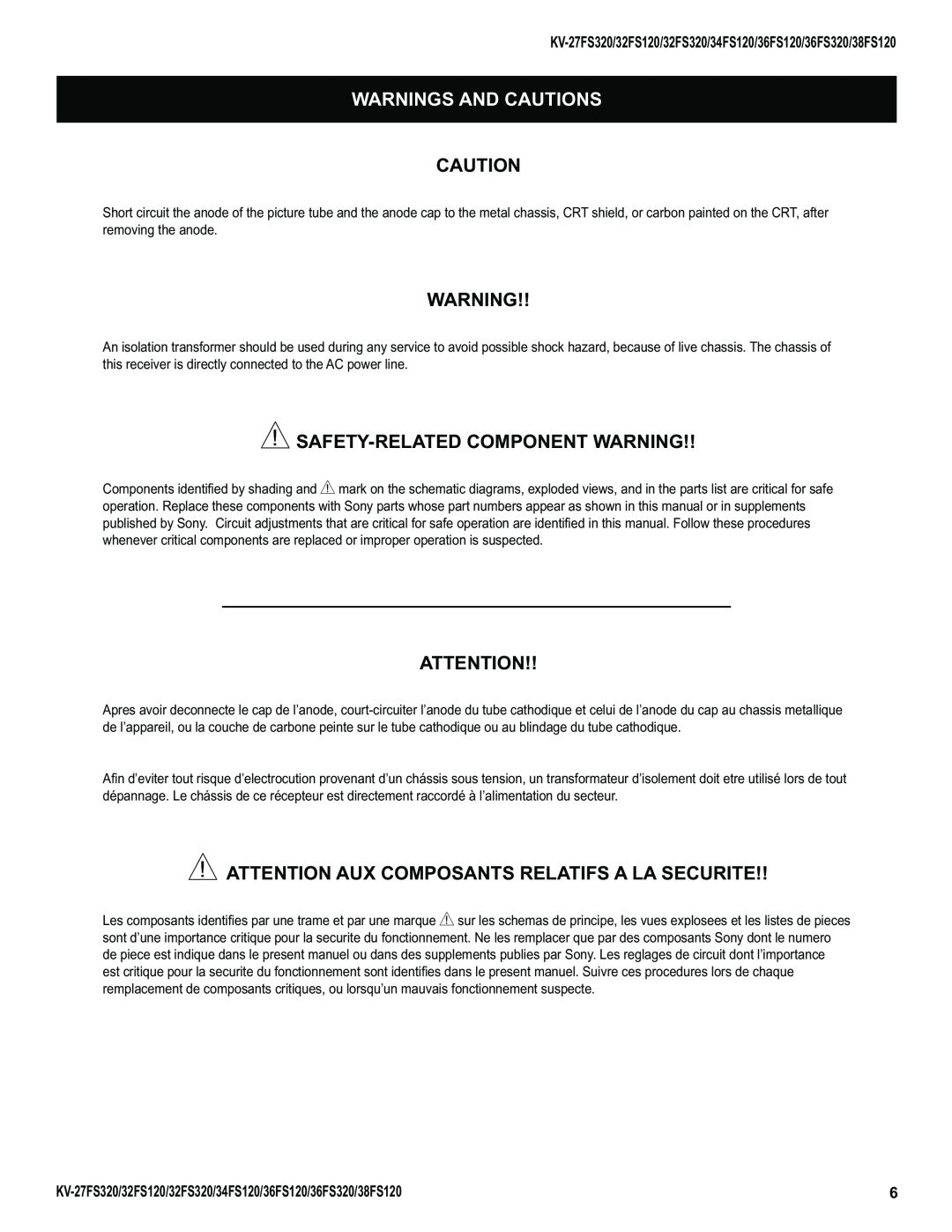 Sony KV-32FS320 Warnings And Cautions, Safety-Related Component Warning, Attention Aux Composants Relatifs A La Securite 
