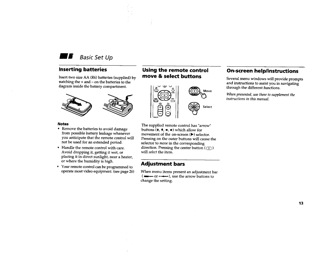 Sony KV-32FV1 Basic Set Up, Using the remote control move & select buttons, Adjustment bars, On-screen helplinstructions 