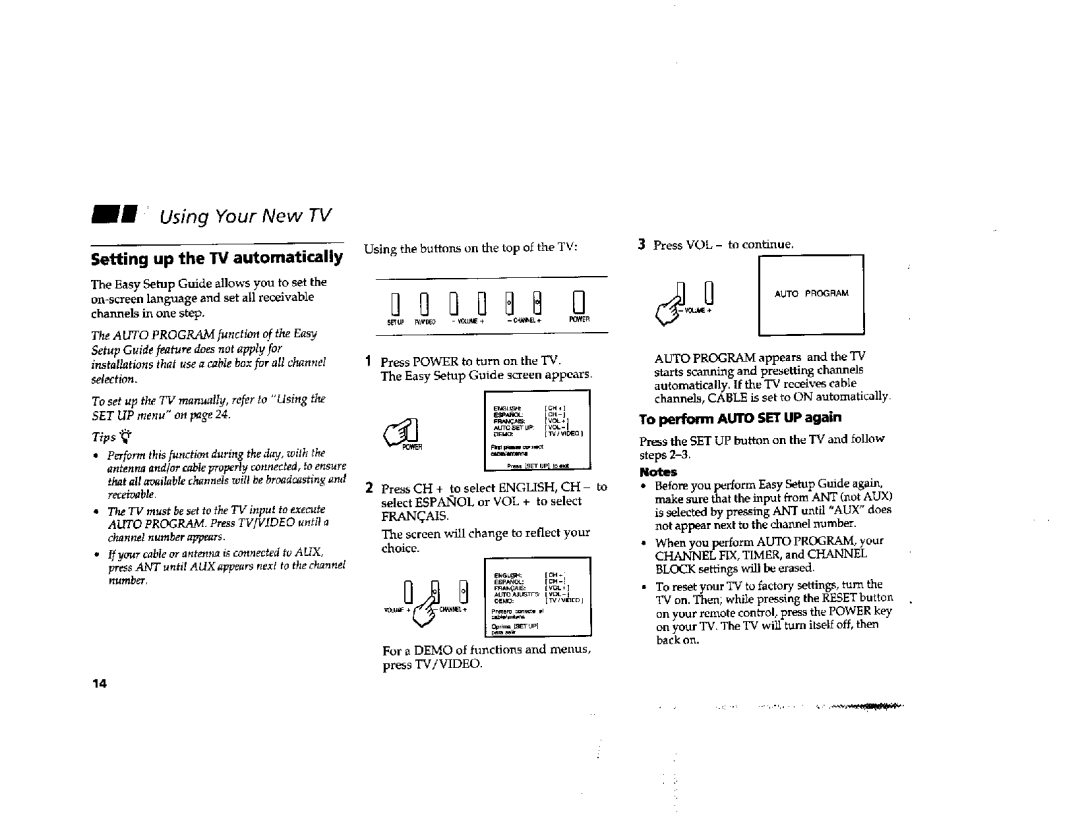 Sony KV-36FV1, KV-32FV1 manual Setting up the TV automatically, To perform Auto SET UP again 