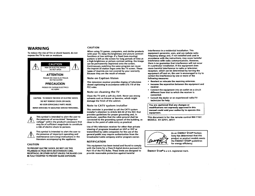 Sony KV-36FV1, KV-32FV1 manual PRECAUClON 