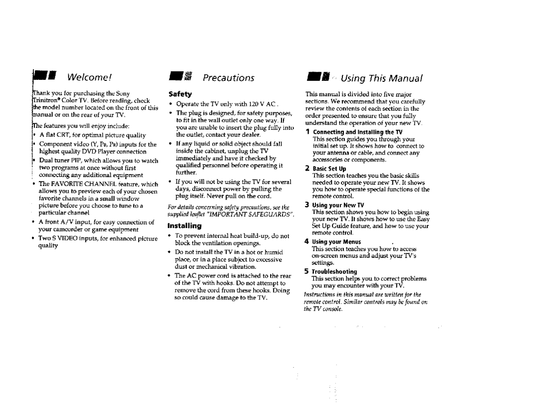 Sony KV-32FV1, KV-36FV1 manual Safety, Connecting and Installing the TV, BasicSet Up, Using your New TV, Troubleshooting 