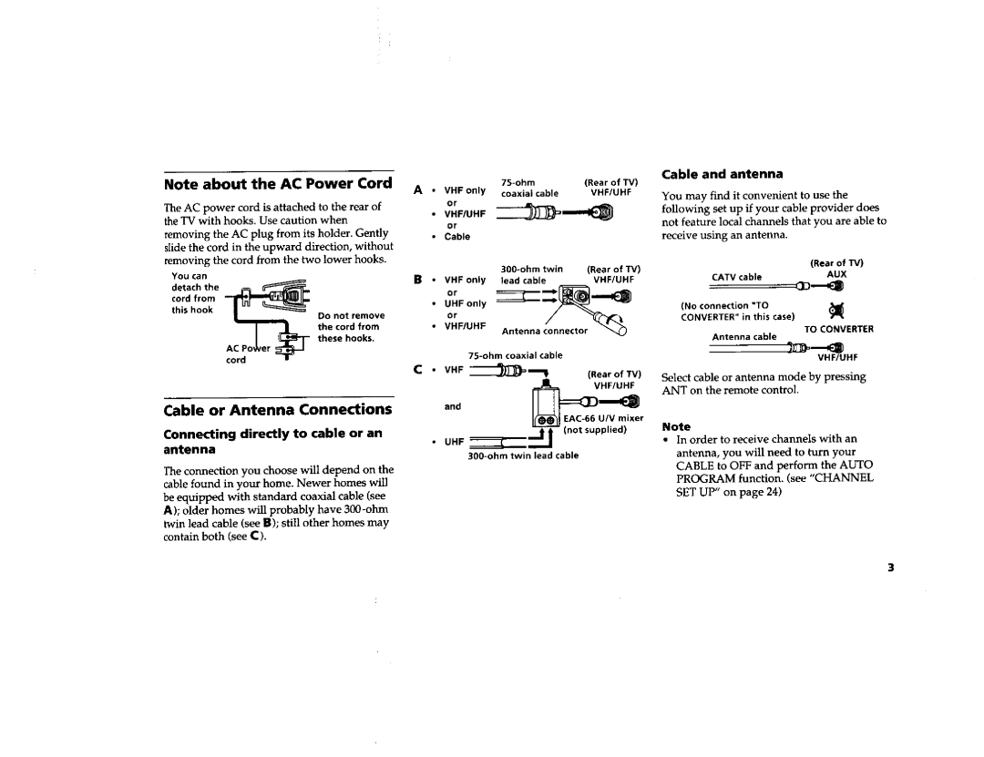 Sony KV-32FV1 manual Note about the AC Power Cord, Cable or Antenna Connections, Connecting directly to cable or an antenna 