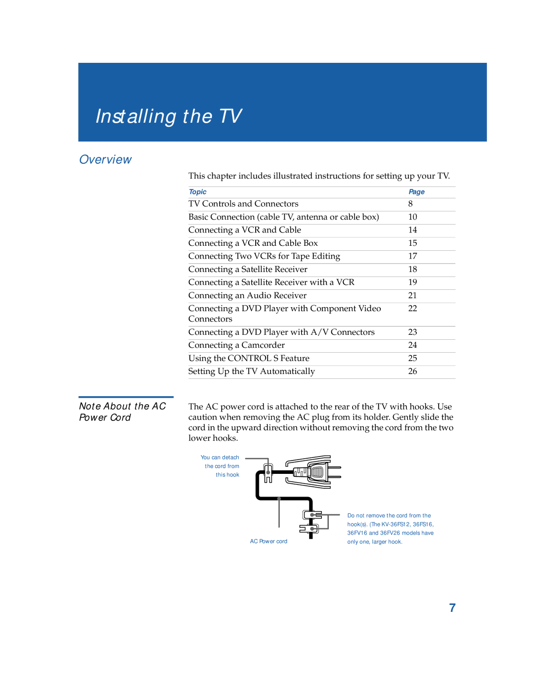 Sony KV-36FS12, KV-32FV26, KV-32FV16, KV-3 6FV26, KV-3 6FV16, KV-36FS16 manual Installing the TV 