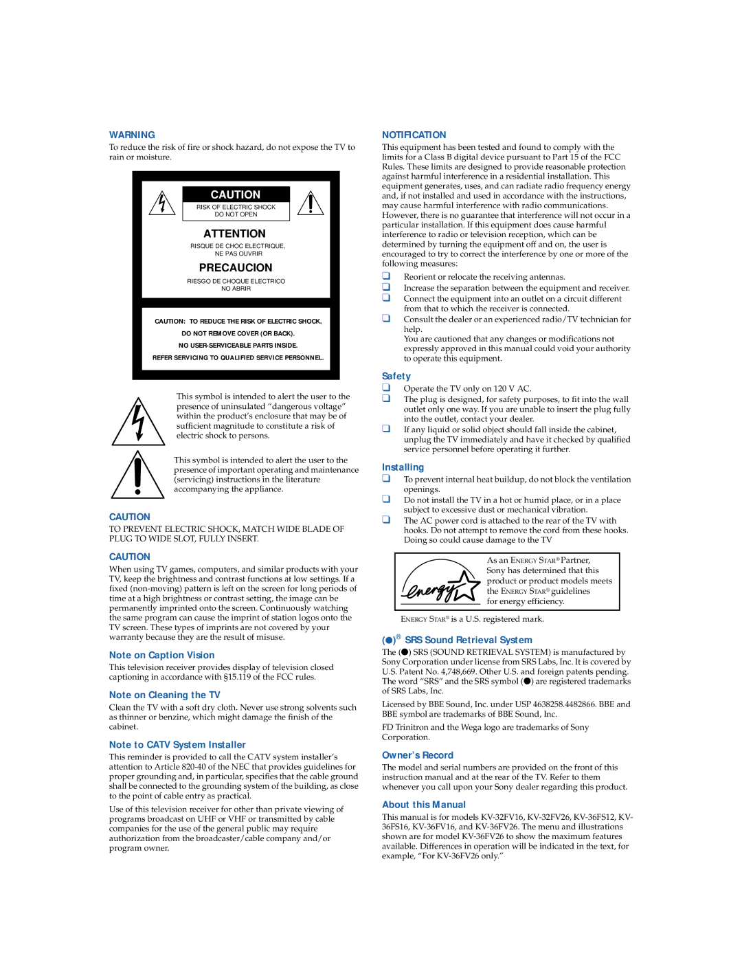 Sony KV-32FV16, KV-32FV26, KV-36FS12 manual Safety, Installing, SRS Sound Retrieval System, Owner’s Record About this Manual 