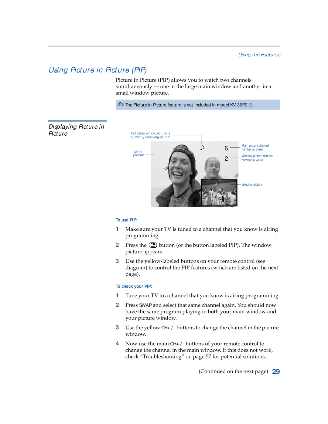 Sony KV-36FS16, KV-32FV26, KV-36FS12 manual Using Picture in Picture PIP, Displaying Picture, To use PIP, To check your PIP 