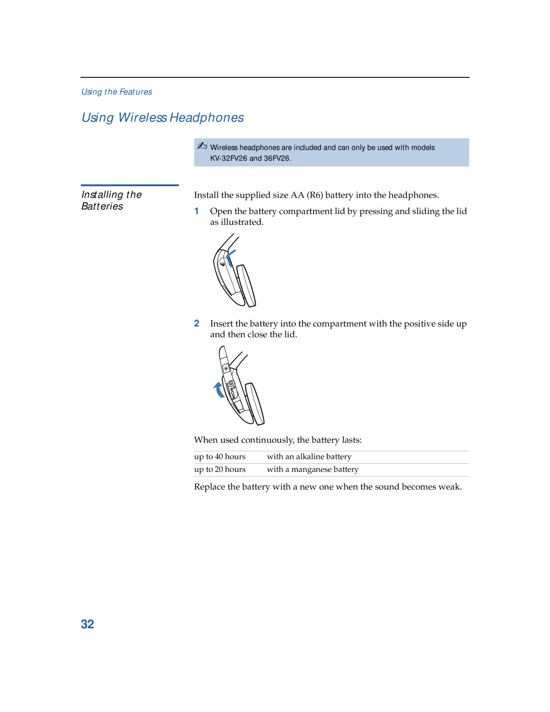 Sony KV-32FV16, KV-32FV26, KV-36FS12, KV-3 6FV26, KV-3 6FV16, KV-36FS16 Using Wireless Headphones, Installing the Batteries 