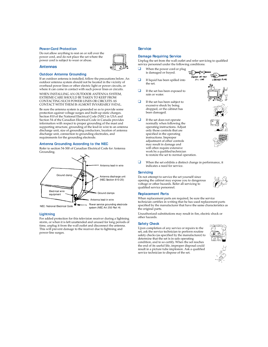 Sony KV-3 6FV16 manual Power-Cord Protection, Antennas Outdoor Antenna Grounding, Antenna Grounding According to the NEC 