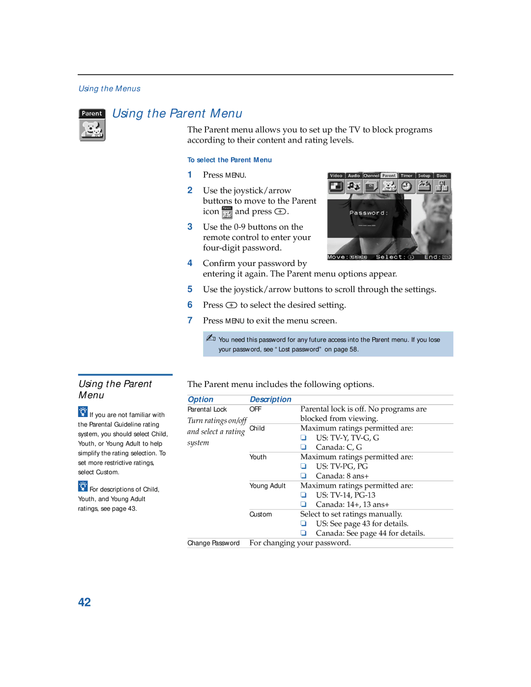 Sony KV-32FV26, KV-36FS12, KV-32FV16, KV-3 6FV26, KV-3 6FV16, KV-36FS16 manual Using the Parent Menu, To select the Parent Menu 