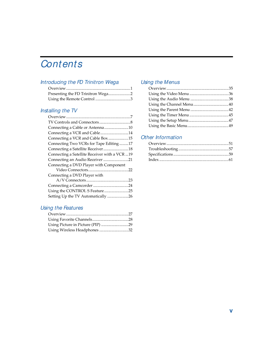 Sony KV-36FS16, KV-32FV26, KV-36FS12, KV-32FV16, KV-3 6FV26, KV-3 6FV16 manual Contents 