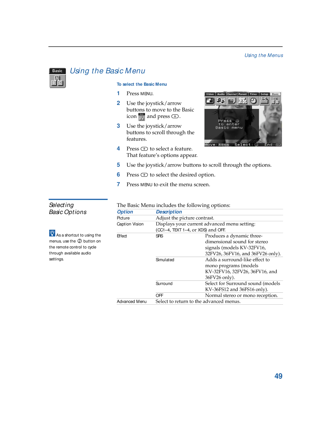 Sony KV-36FS12, KV-32FV26, KV-32FV16, KV-3 6FV26 Using the Basic Menu, Selecting Basic Options, To select the Basic Menu 