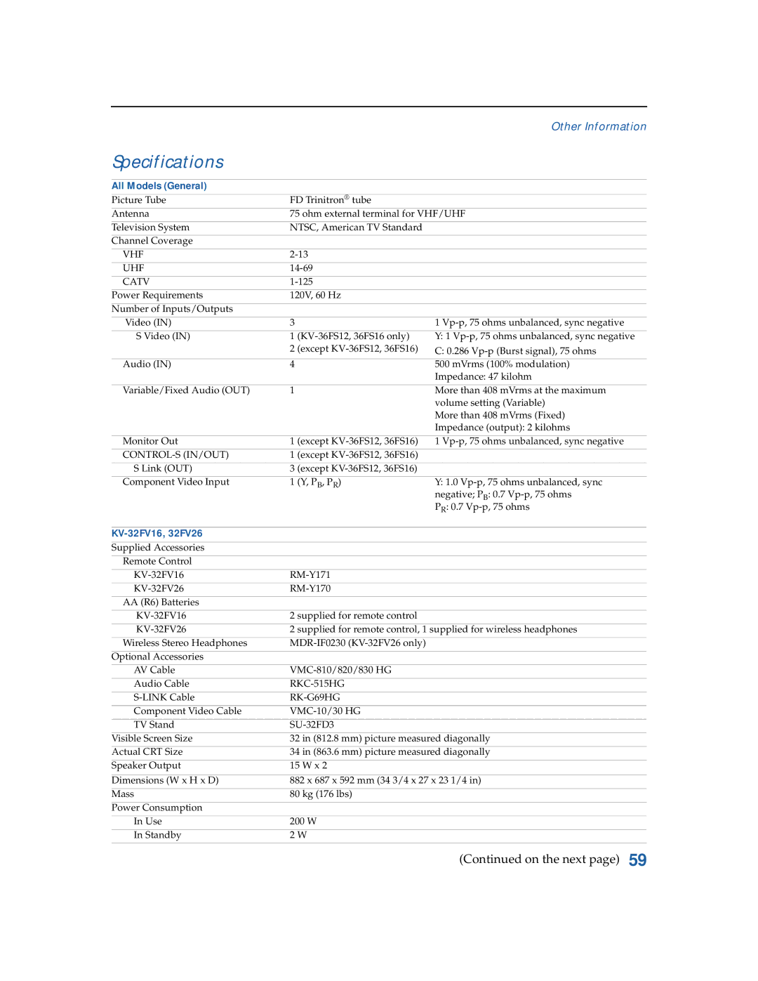 Sony KV-36FS16, KV-32FV26, KV-36FS12, KV-3 6FV26, KV-3 6FV16 manual Specifications, All Models General, KV-32FV16, 32FV26 