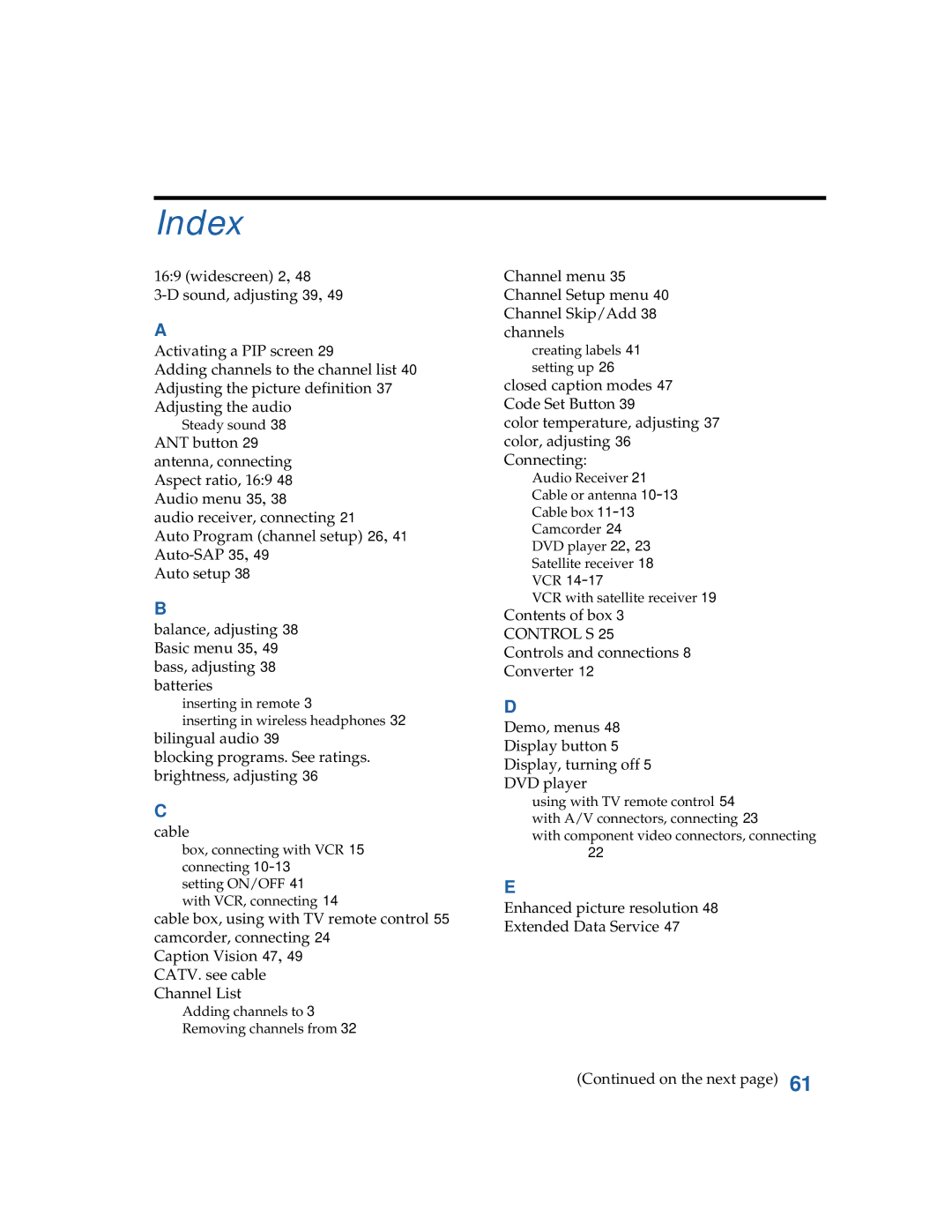 Sony KV-36FS12, KV-32FV26, KV-32FV16, KV-3 6FV26, KV-3 6FV16, KV-36FS16 manual Index 