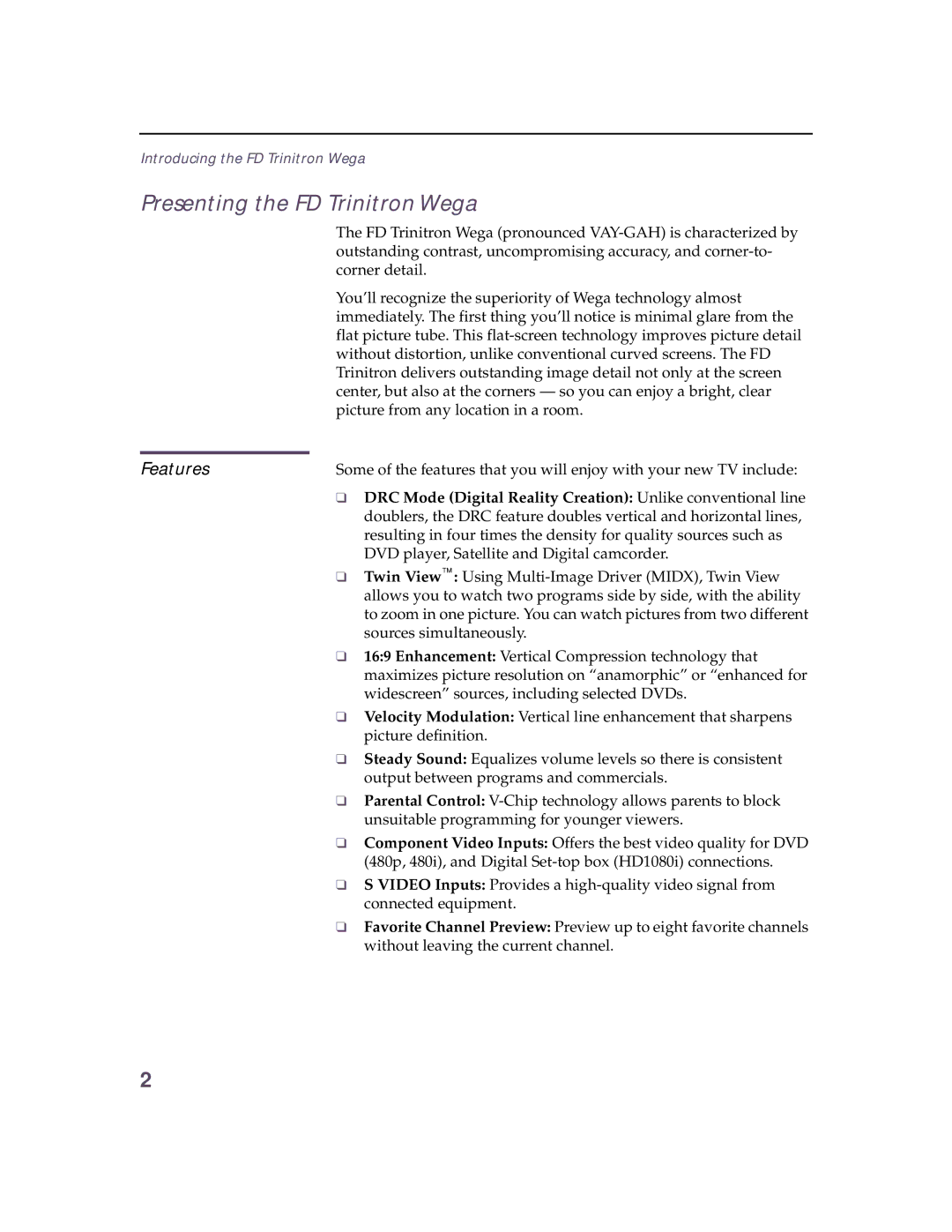 Sony KV 32HS20 operating instructions Presenting the FD Trinitron Wega, Features 