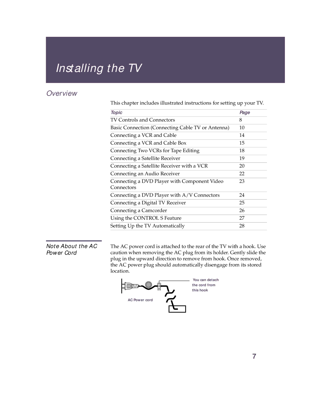 Sony KV 32HS20 operating instructions Installing the TV 