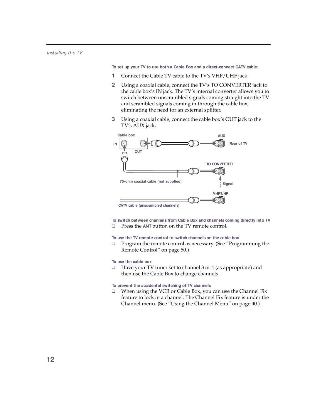 Sony KV 32HS20 operating instructions To use the cable box, To prevent the accidental switching of TV channels 