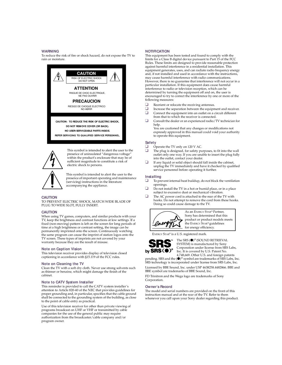 Sony KV 32HS20 operating instructions Safety, Installing, Owner’s Record 