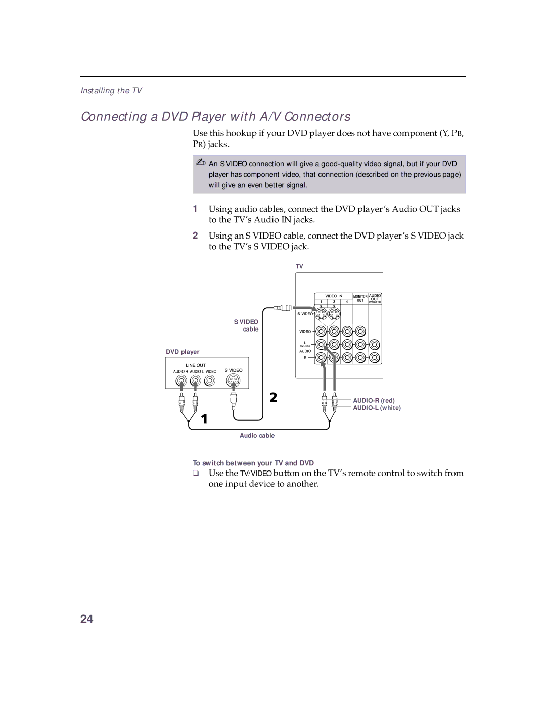 Sony KV 32HS20 operating instructions Connecting a DVD Player with A/V Connectors, To switch between your TV and DVD 