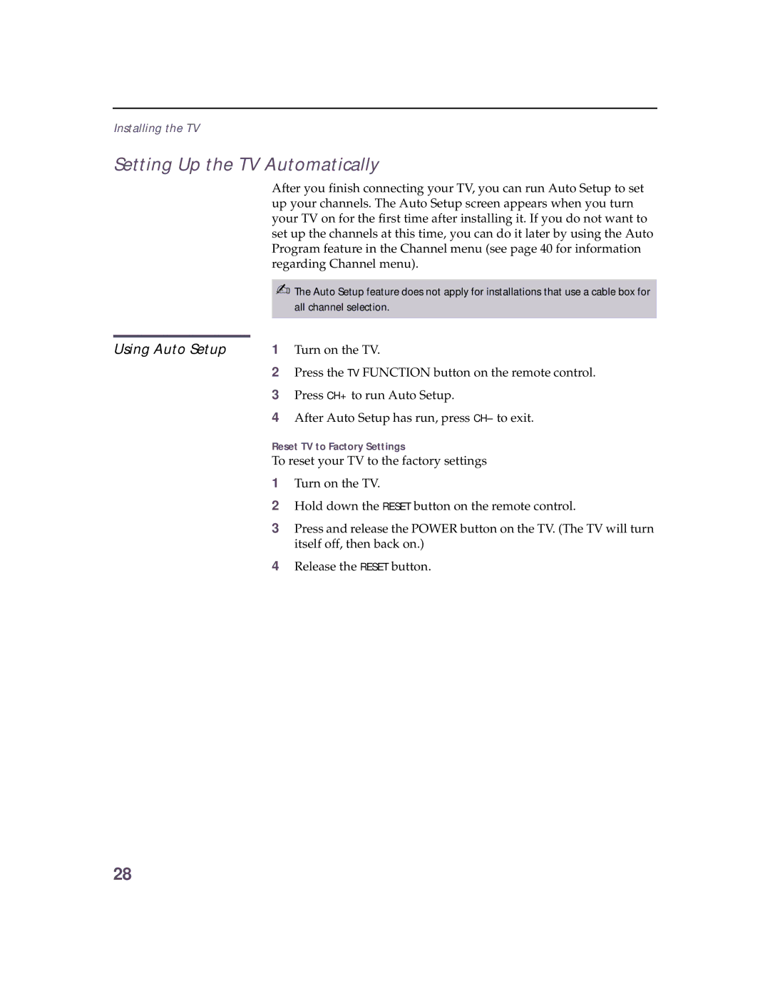 Sony KV 32HS20 operating instructions Setting Up the TV Automatically, Reset TV to Factory Settings 