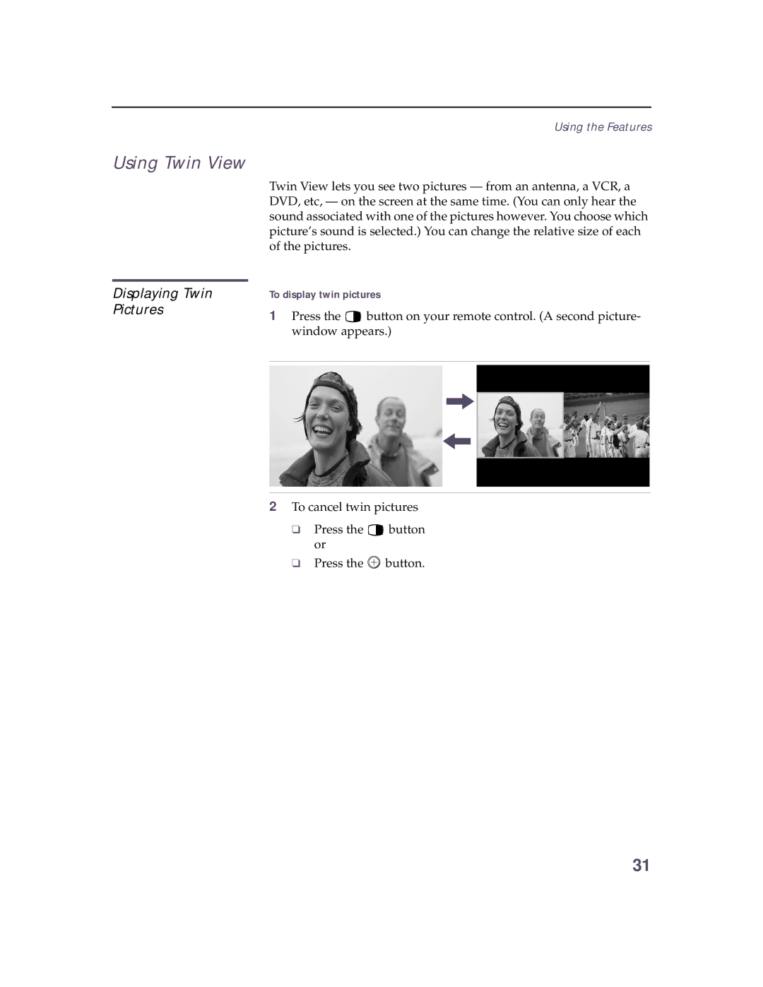 Sony KV 32HS20 operating instructions Using Twin View, Displaying Twin Pictures, To display twin pictures 