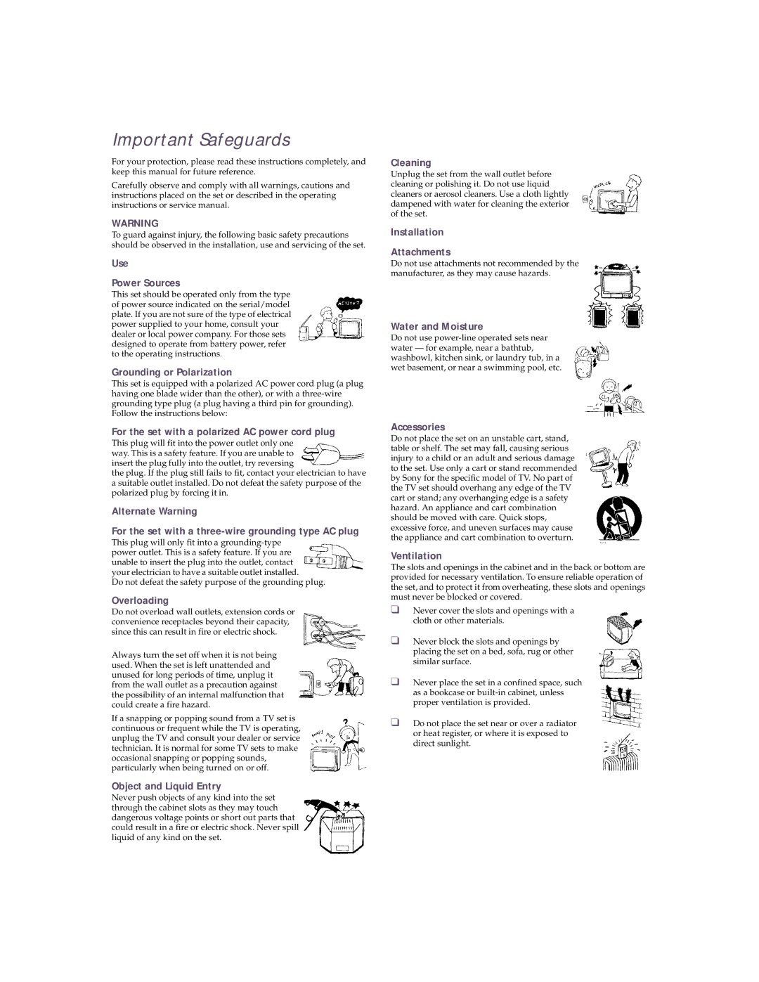 Sony KV 32HS20 operating instructions Important Safeguards 