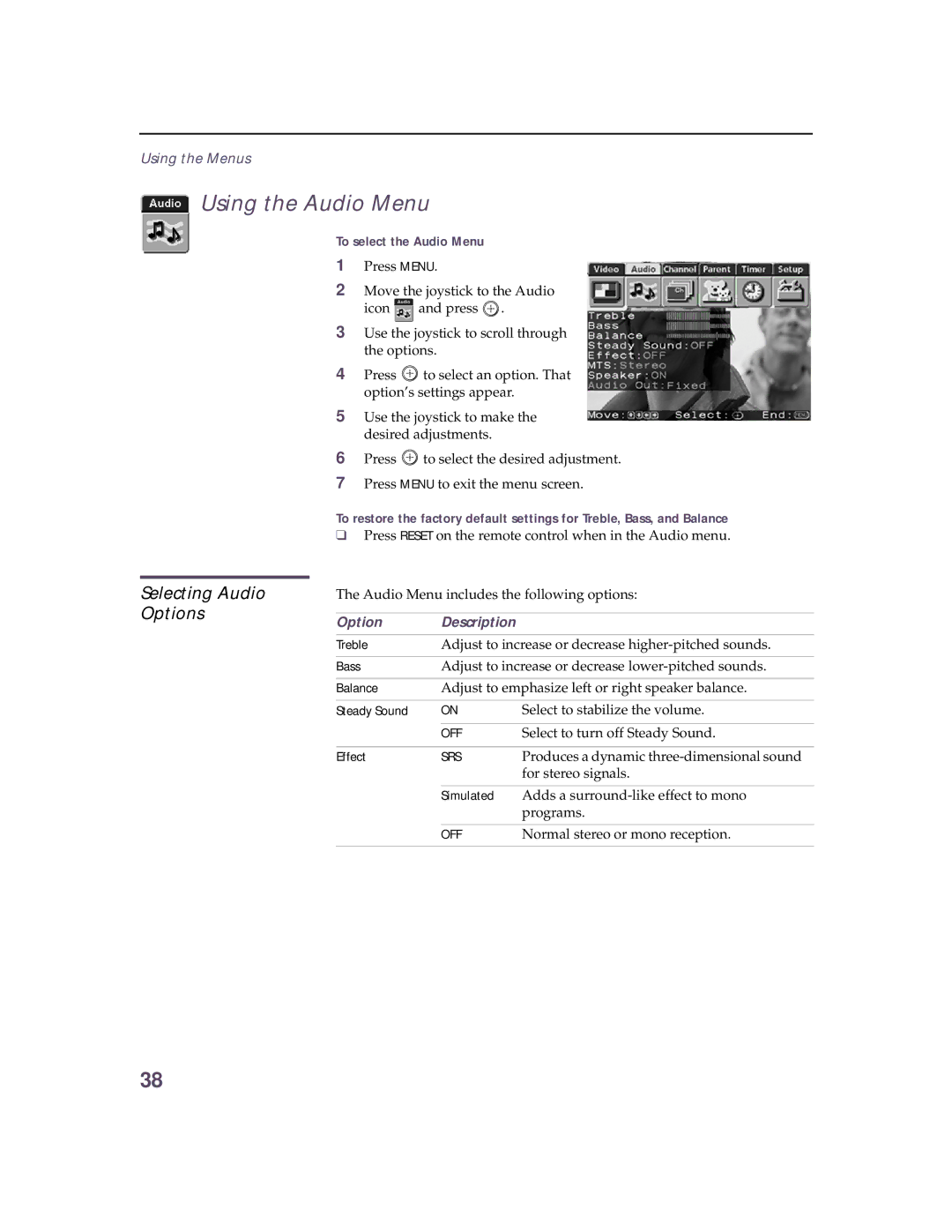 Sony KV 32HS20 operating instructions Using the Audio Menu, Selecting Audio Options, To select the Audio Menu, Off, Srs 