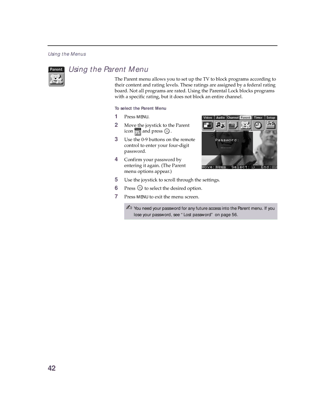 Sony KV 32HS20 operating instructions Using the Parent Menu, To select the Parent Menu 