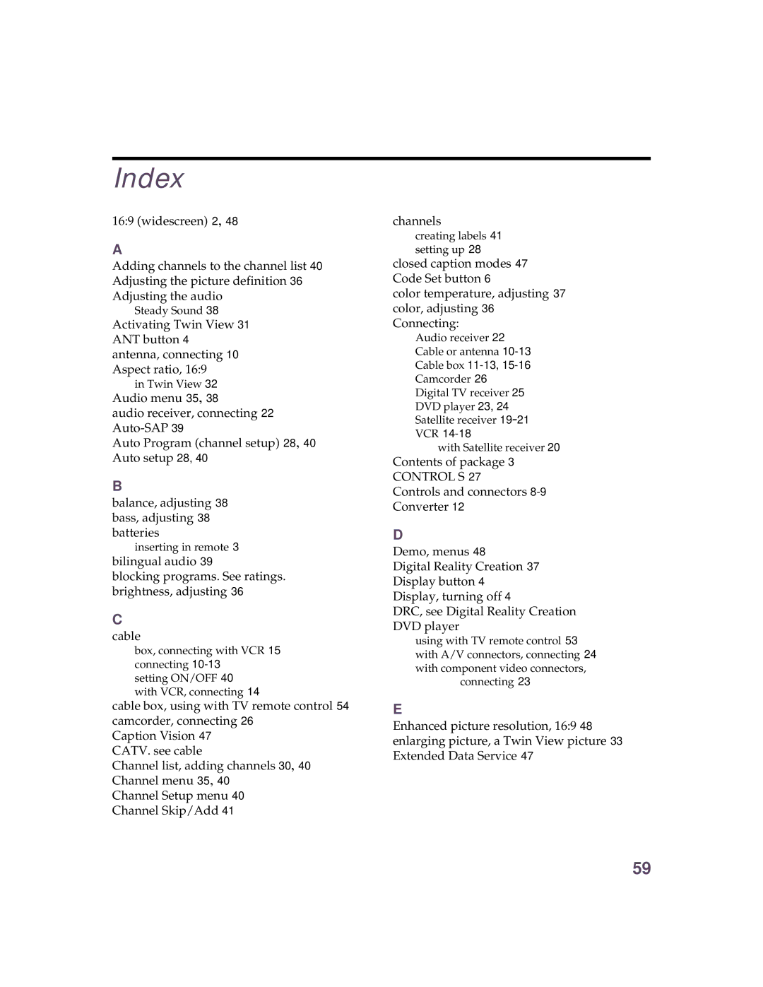 Sony KV 32HS20 operating instructions Index 