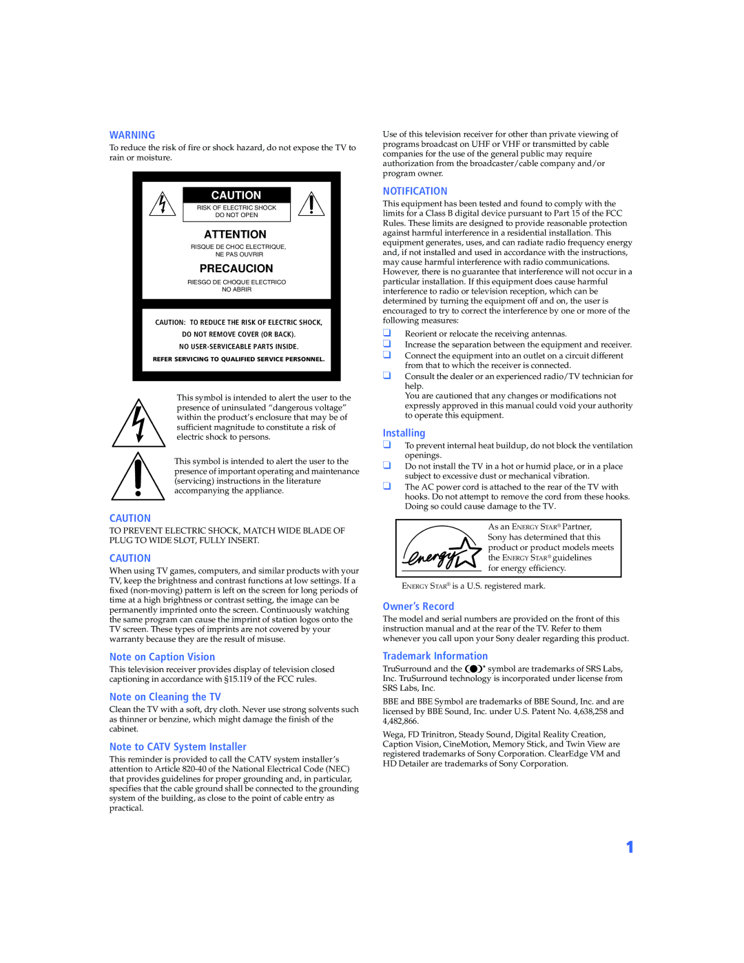 Sony KV-32HS500 manual Notification 