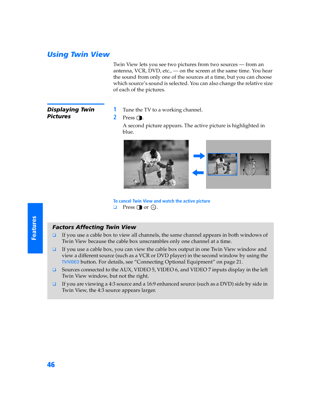 Sony KV-32HS500 manual Using Twin View, Displaying Twin, Pictures, Factors Affecting Twin View 