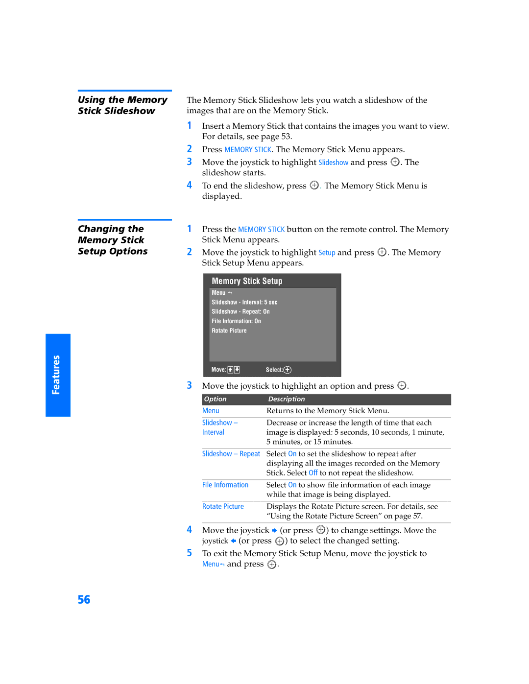 Sony KV-32HS500 manual Using the Memory Stick Slideshow, Changing Memory Stick Setup Options 