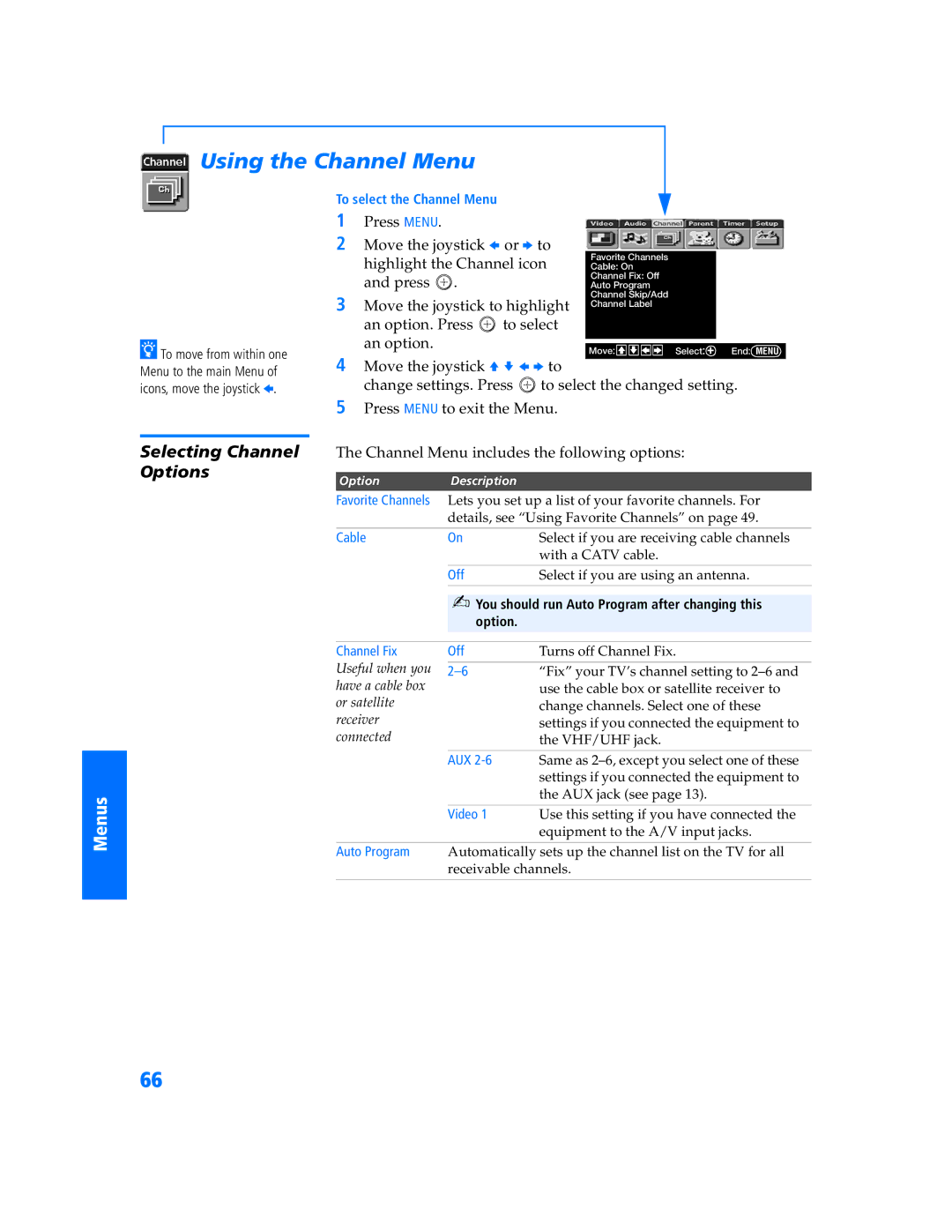 Sony KV-32HS500 manual Using the Channel Menu, Selecting Channel, Options, Channel Menu includes the following options 