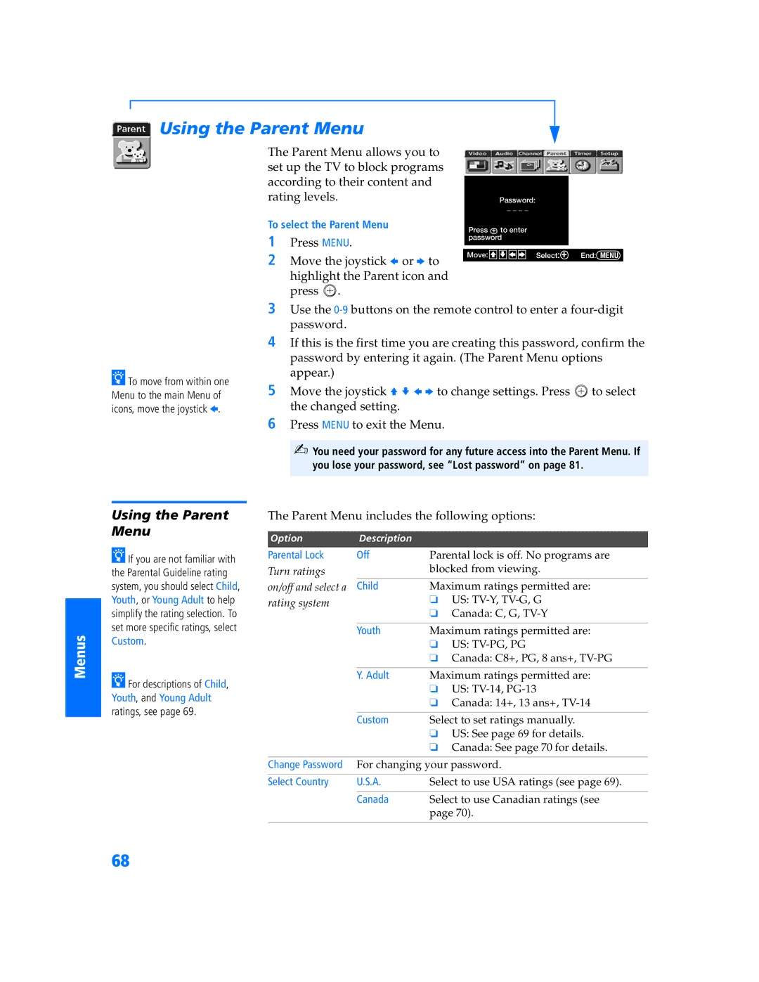 Sony KV-32HS500 manual Using the Parent Menu, Parent Menu includes the following options 