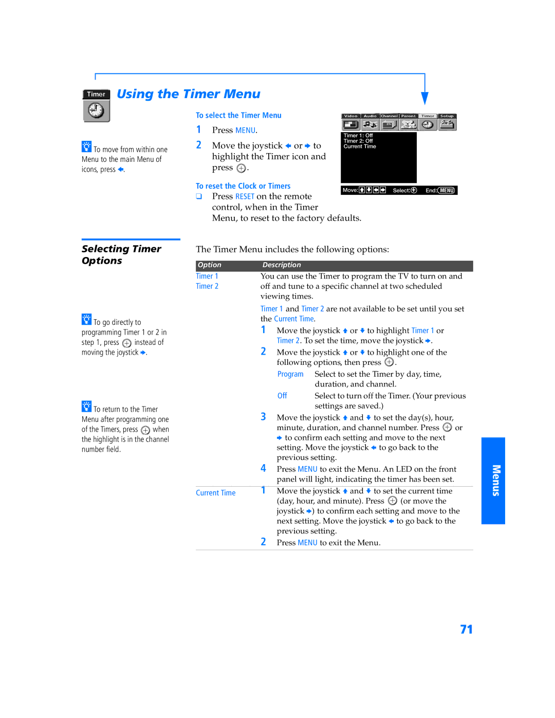 Sony KV-32HS500 manual Using the Timer Menu, Selecting Timer Options, Press Menu, Current Time 