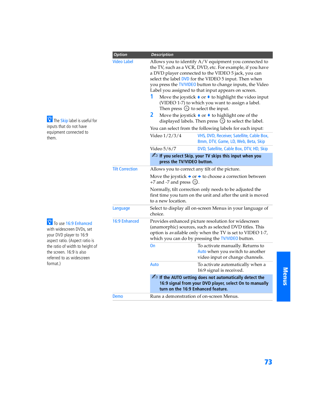 Sony KV-32HS500 manual Video Label, Tilt Correction, Language, Enhanced, Demo 