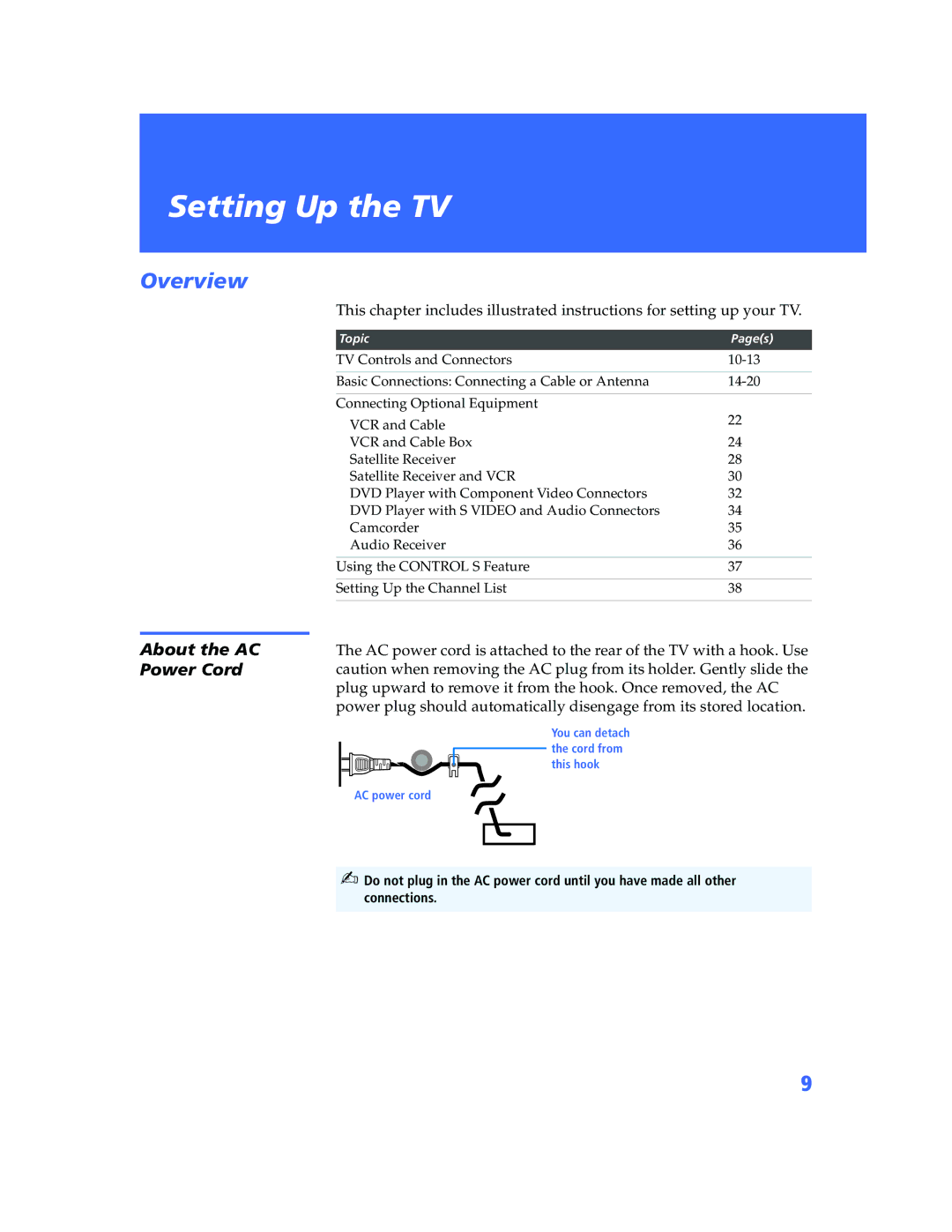 Sony KV-32HS500 manual Setting Up the TV, About the AC Power Cord 