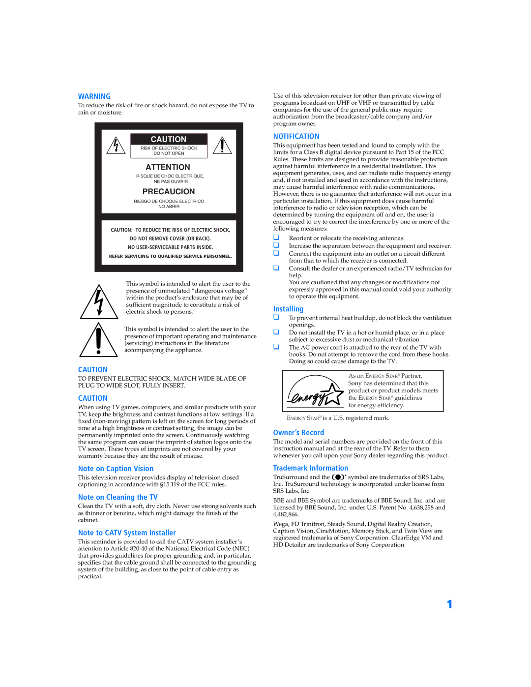 Sony KV-32HS500 manual Notification 