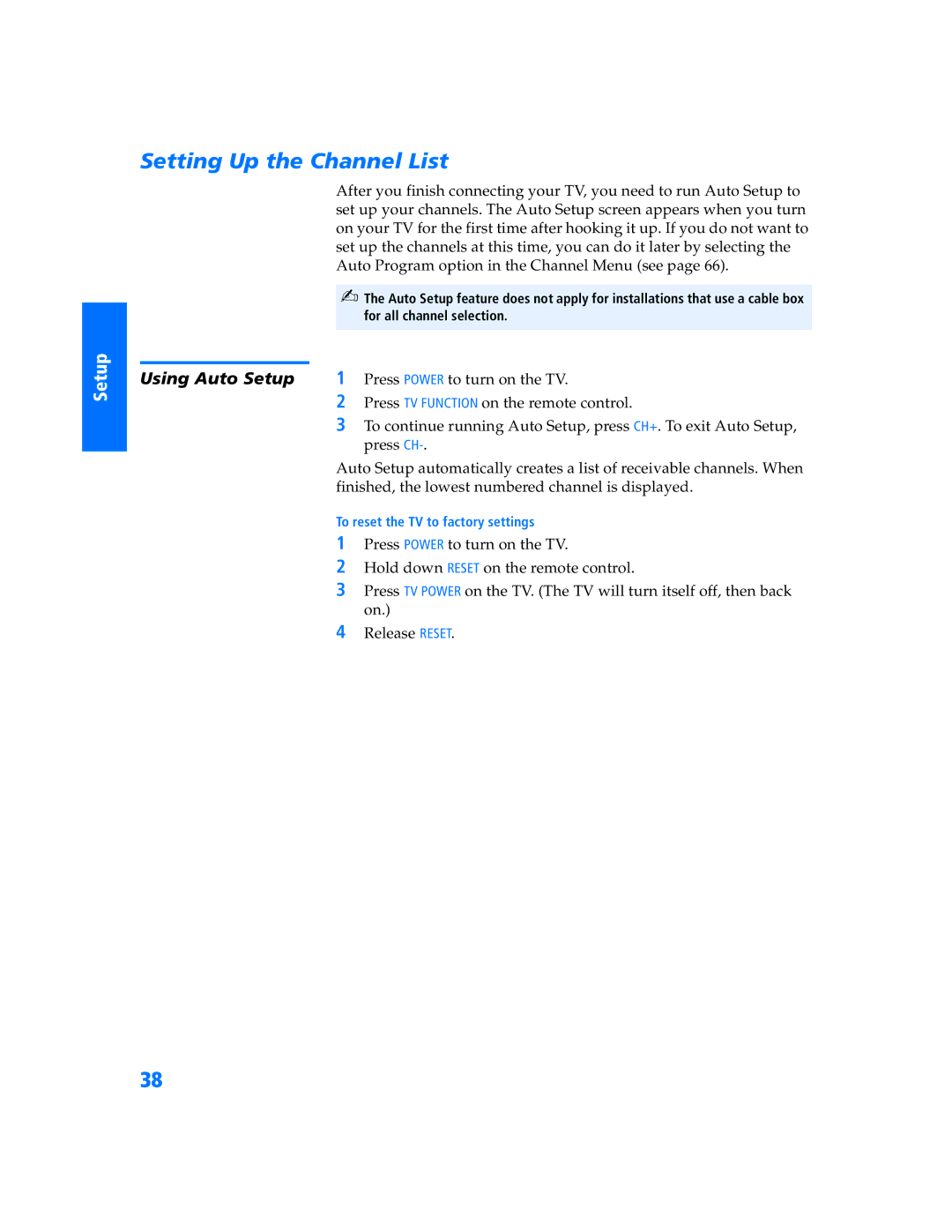 Sony KV-32HS500 manual Setting Up the Channel List, Using Auto Setup, Press Power to turn on the TV, Press CH 