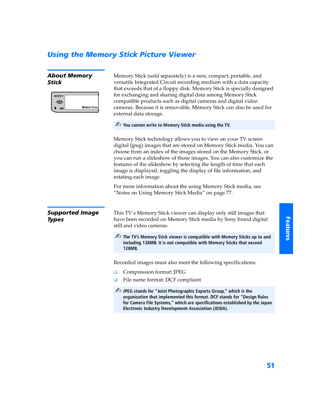 Sony KV-32HS500 manual Using the Memory Stick Picture Viewer, About Memory Stick Supported Image Types 